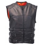 2015 New fashion Triple Leather Side Strap Motorcycle Vest with Back Armor and Conceal Carry Pockets for mens 